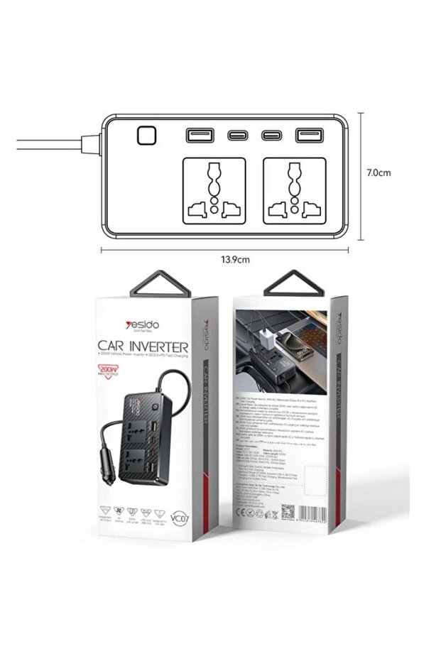VC07 200W Multiple Protections USB QC3.0+TC PD Fast Charging Car Inverter