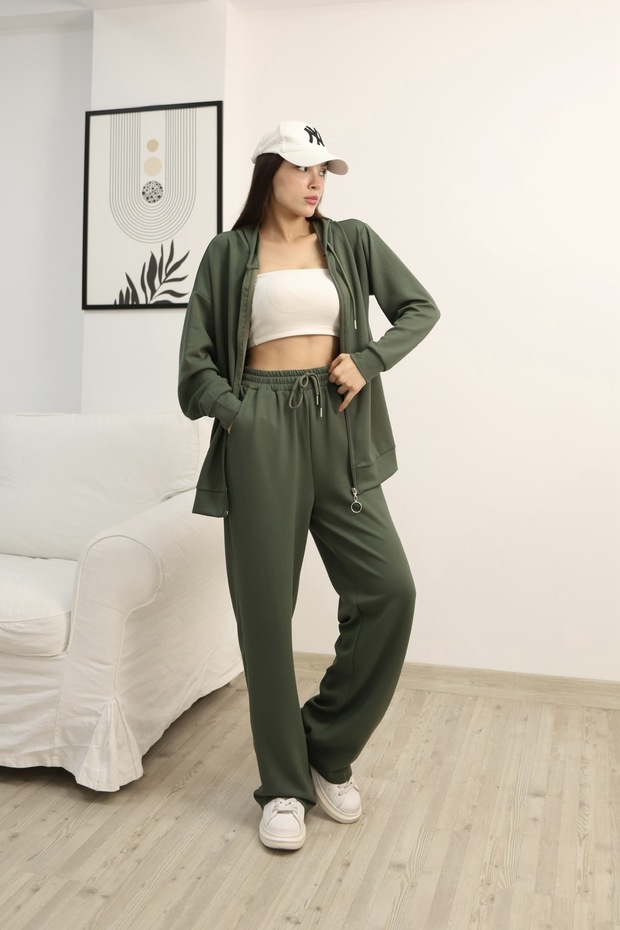 KAPÜŞONLU FERMUARLI GENİŞ PAÇA MODAL KUMAŞ EŞOFMAN TAKIM - 1