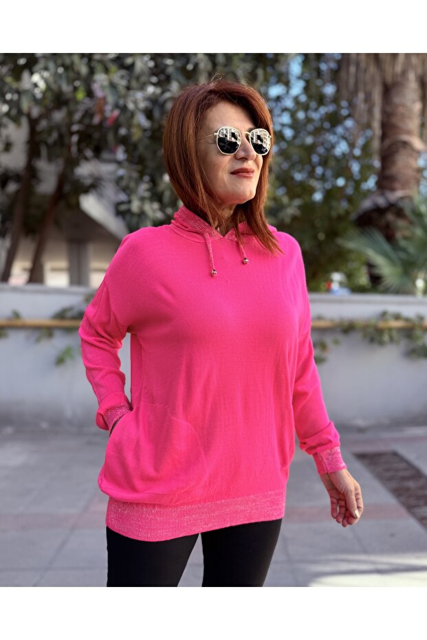 Simli Kapüşonlu Triko Pembe - 3