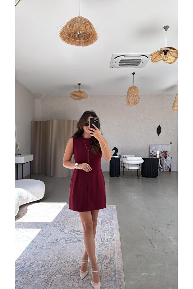 Bordo Basic Krep Joker Elbise - 1