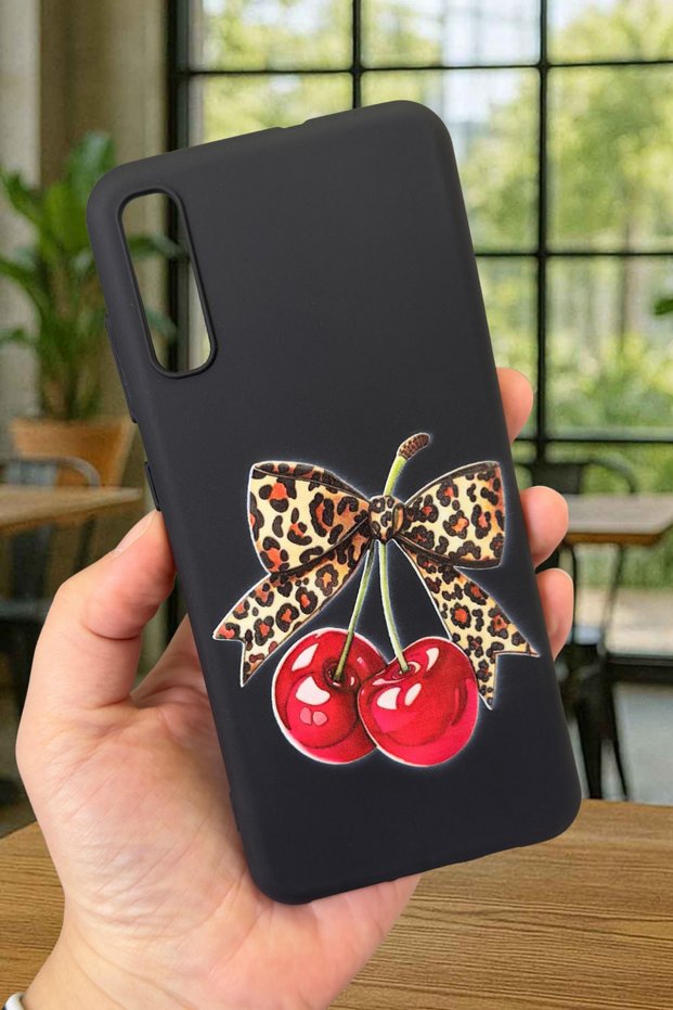 Samsung Galaxy A70 Compatible Cherry Leopard Bow Patterned Silicone Shock-Absorbing Classic Rubber Case