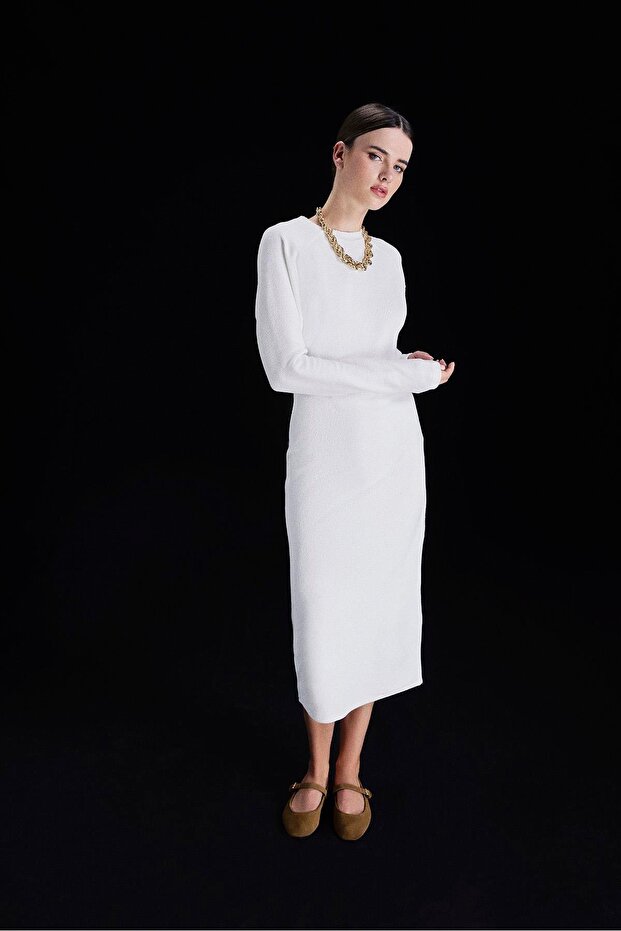 ESNEK BASİC ÖRME ELBİSE EKRU - 1