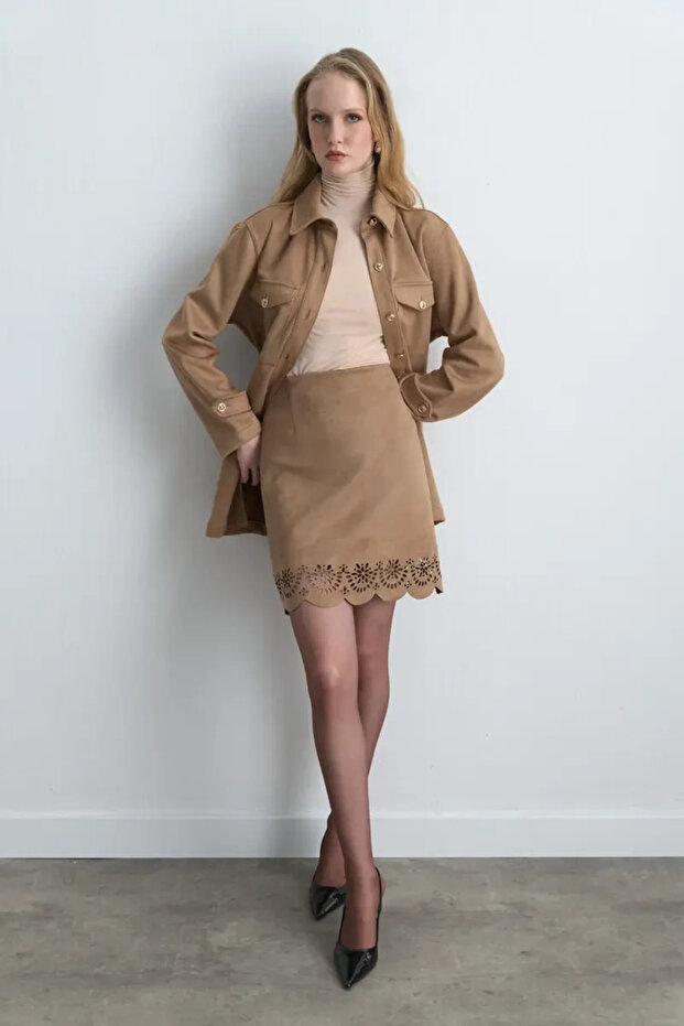 Motifli Süet Etek - Camel - 1