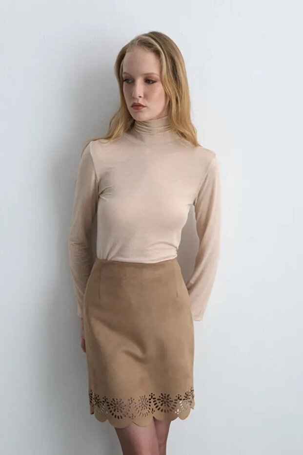 Motifli Süet Etek - Camel - 5