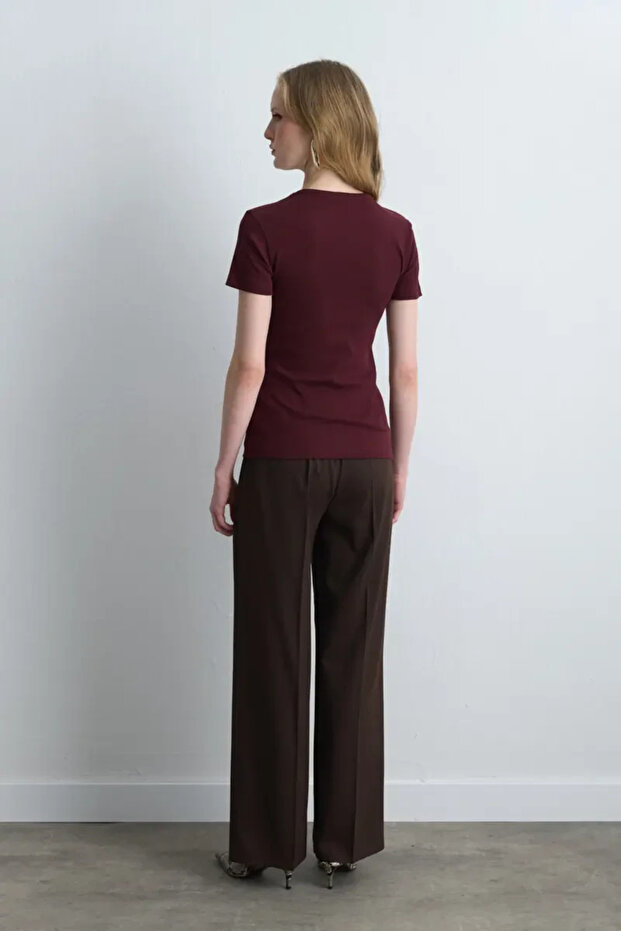 Kısa Kollu Basic Pamuk Tshirt - Bordo - 4