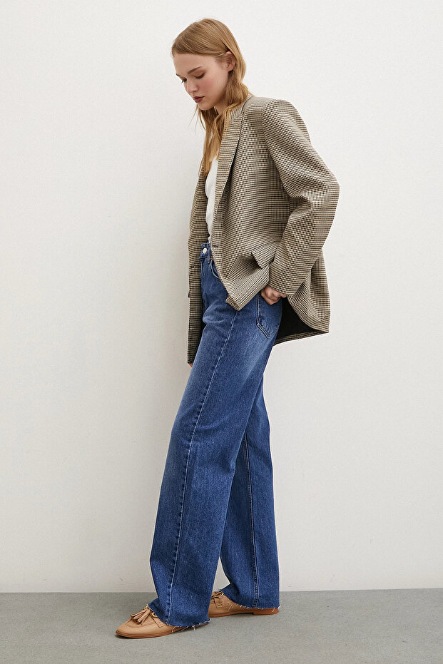 Yüksel Bel Jean Kesik Geniş Paça Mavi - 2