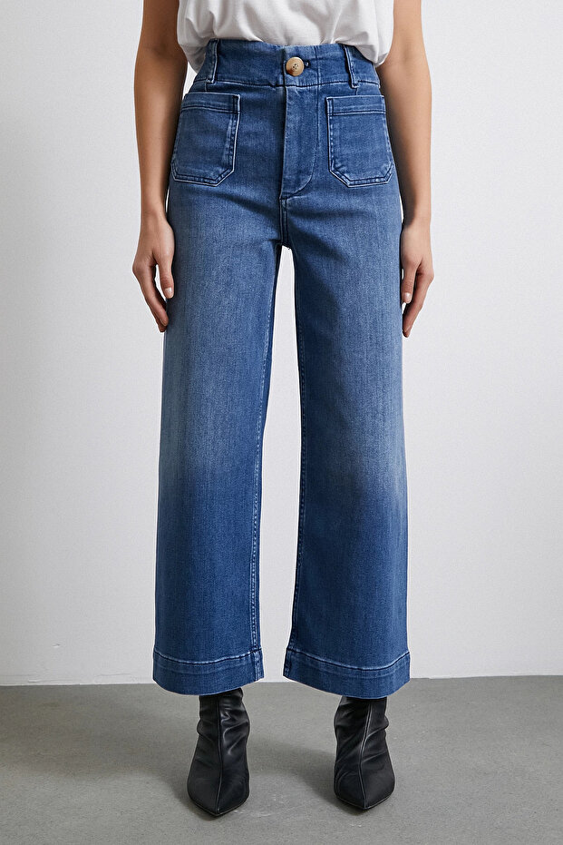 Cep Ve Düğme Detaylı Wide Leg Jean Mavi - 5
