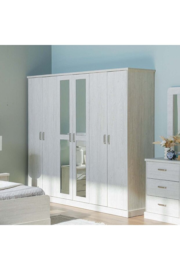 Zirco 6-Door Wardrobe in White Oak - Spacious Storage with 9 Shelves, 2-Year Warranty, Malaysia