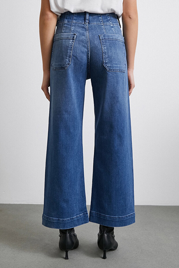Cep Ve Düğme Detaylı Wide Leg Jean Mavi - 6