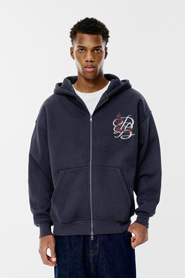 İşlemeli fermuarlı kapüşonlu sweatshirt - 2