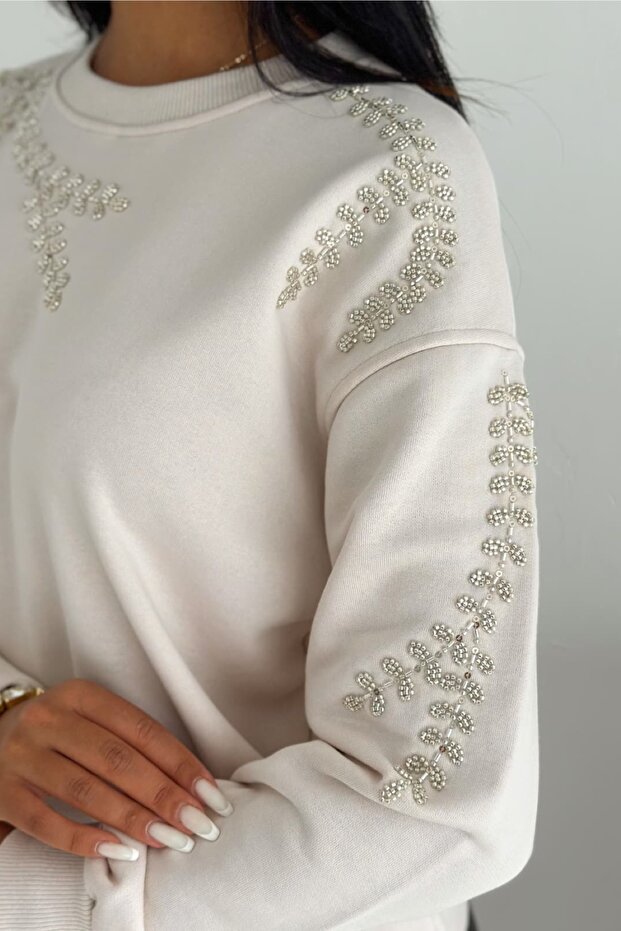Beige Bead and Sequin Embroidered 100% Cotton Sweatshirt