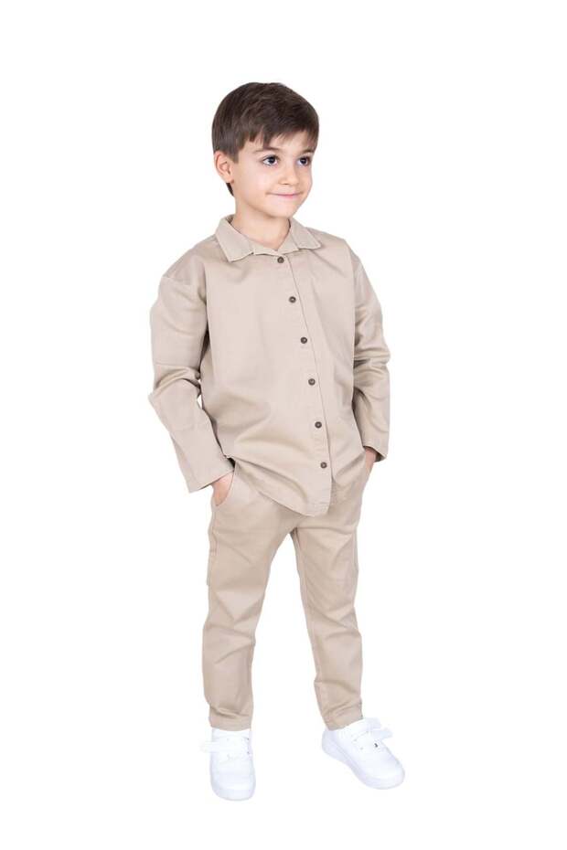 Organic Thick Woven Light Brown Winter Little Boys Shirt
