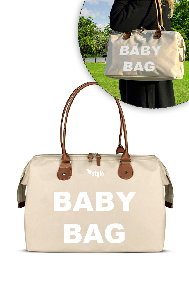 Baby Bag Bebek Bakım Kadın Omuz Çantası + Popi Anne Kadın Sırt Çantası Termos Çanta Hediye-Bej - 4