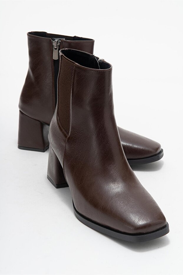 Blunt Toe Simple Elastic Women's Heeled Boots Brown Skin