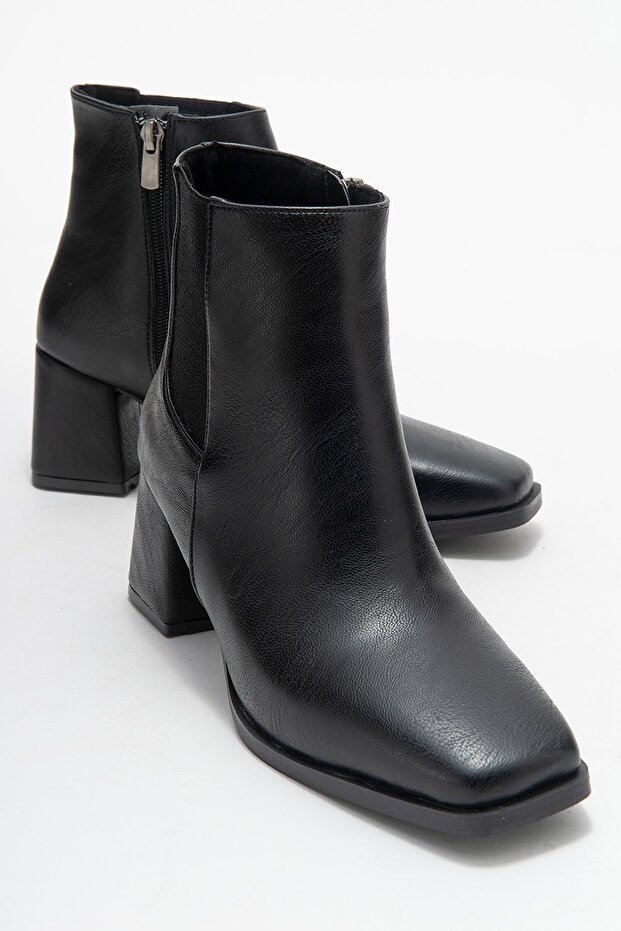 Flat Toe Simple Elastic Women's Heeled Boots Black Skin