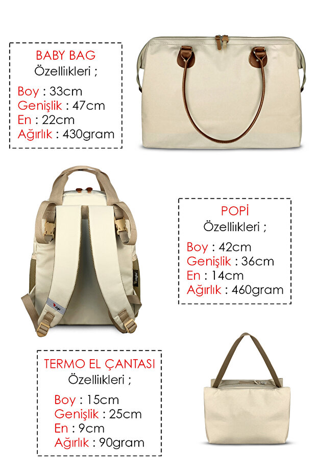 Baby Bag Bebek Bakım Kadın Omuz Çantası + Popi Anne Kadın Sırt Çantası Termos Çanta Hediye-Bej - 6