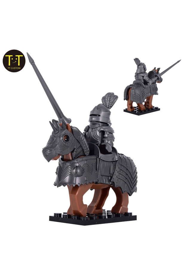 Gothic Knight Gothic Style Silver Gray Knight on Warhorse, Detailed Armor Horse Trappings Building B