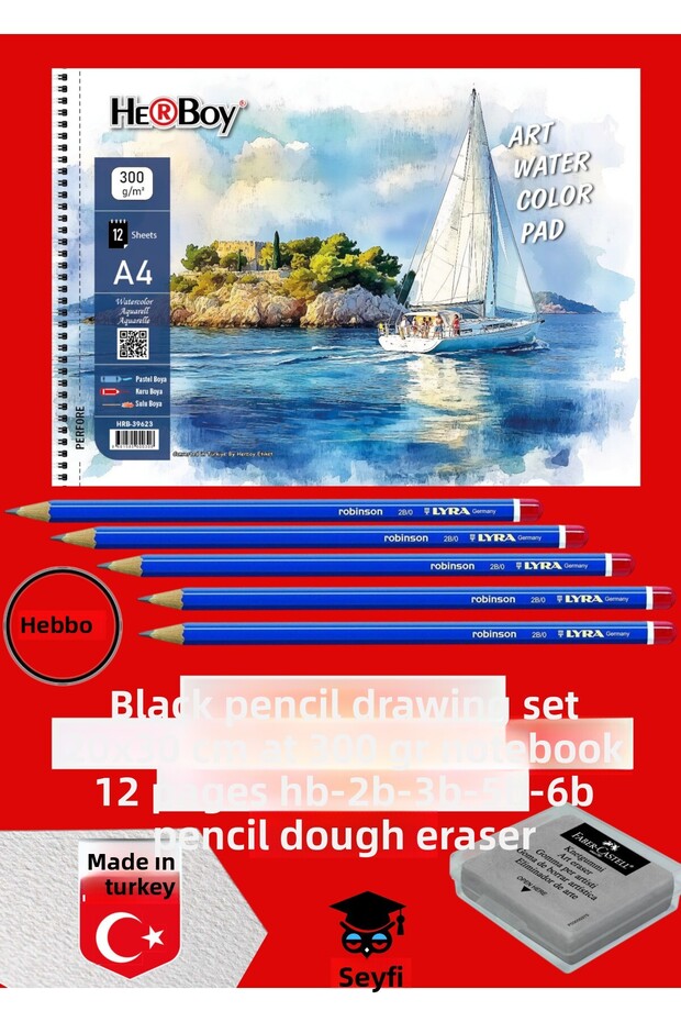 Kara Calm Drawing Set 20X30 cm A4 300 Gr Notebook 12 Sheets Hb-2B-3B-5B-6B Pencil Dough Eraser Herboy
