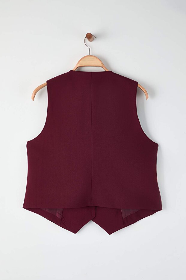 Bordo Fitted Crop Düğmeli Dokuma Büyük Beden Yelek TBBSS24BH00003 - 7