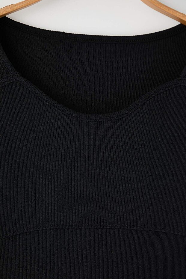 Siyah Kaşkorse Crop Örme Büyük Beden Bluz TBBAW26AF00057 - 7