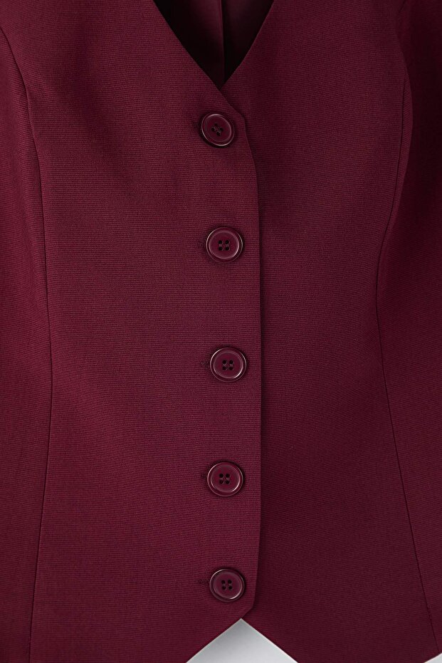 Bordo Fitted Crop Düğmeli Dokuma Büyük Beden Yelek TBBSS24BH00003 - 6
