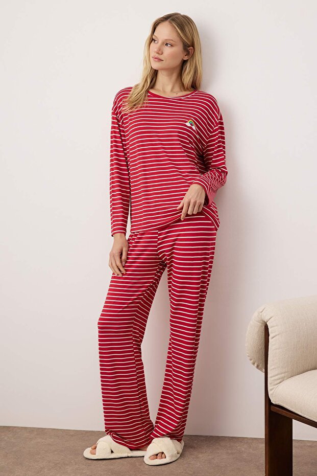 Kırmızı Çizgili Gökkuşağı Baskılı Viskon Örme Pijama Takımı THMAW25PT00014 - 1