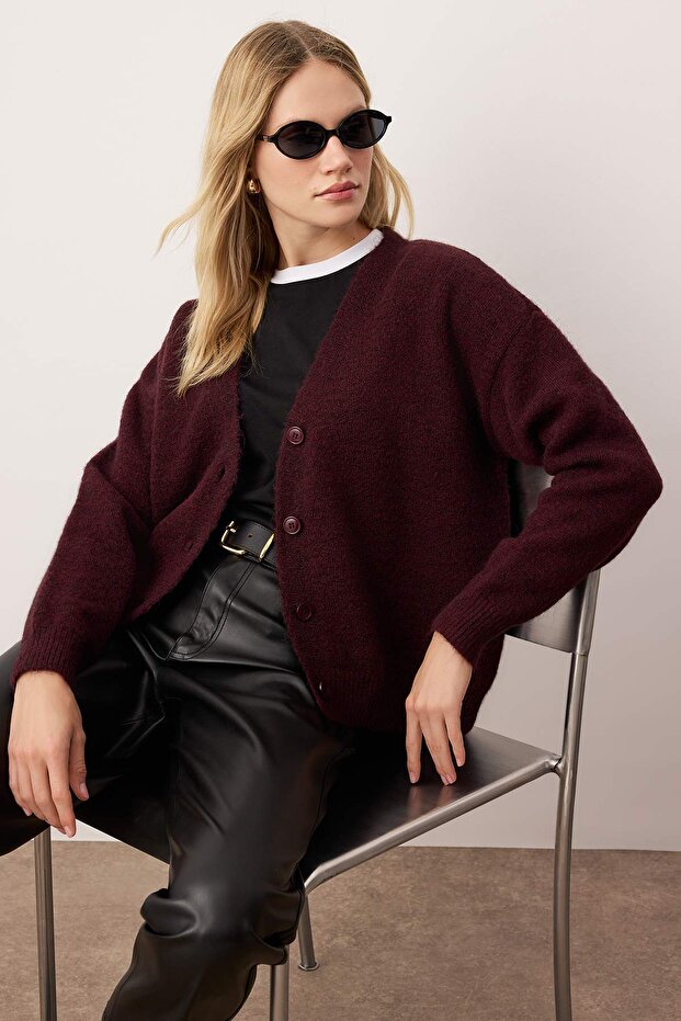 Wardrobe Essentials Bordo Alpaca Karışımlı Basic Triko Hırka TWOAW26HI00265 - 1