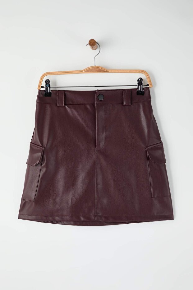 Bordo Suni Deri Kargo Cepli Kalem Mini Örme Etek TWOAW26ET00107 - 5