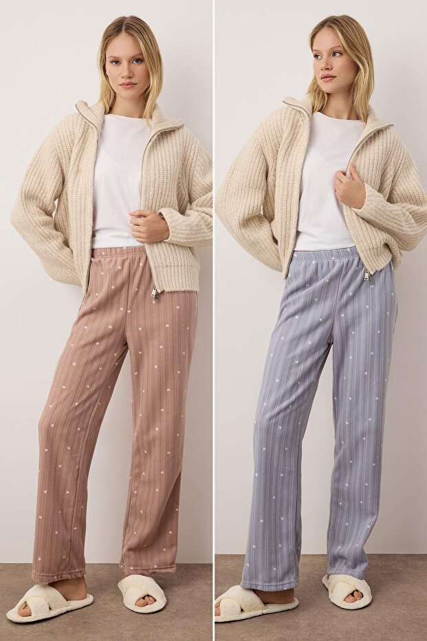 Kahverengi-Gri 2'li Paket Kalpli Polar Kışlık Örme Pijama Altı THMAW25PJ00004 - 1