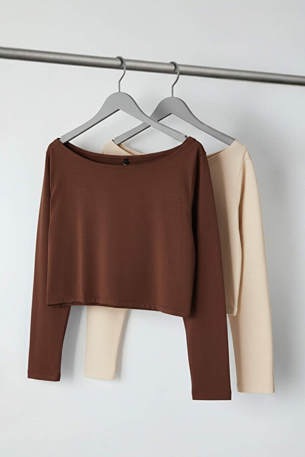Kahverengi-Bej 2'li Paket %100 Pamuk Asimetrik Kayık Yaka Crop Örme T-Shirt TBBAW26BF00001 - 8