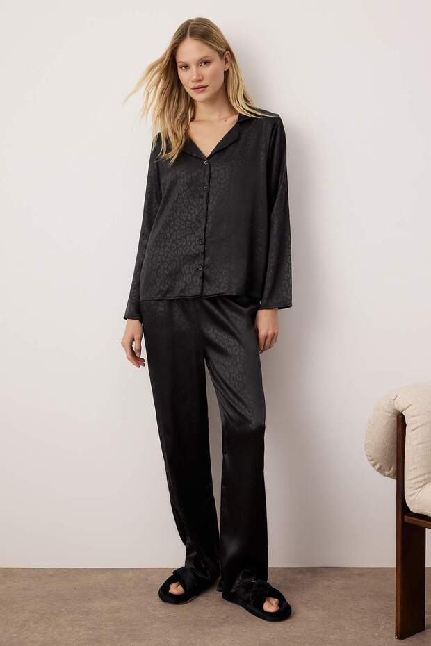 Siyah Leopar Desenli Saten Gömlek Pantolon Dokuma Pijama Takımı THMAW24PT00001 - 2