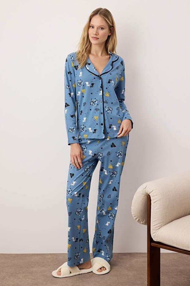 Mavi %100 Pamuklu Desenli Örme Pijama Takımı THMAW21PT0084 - 3