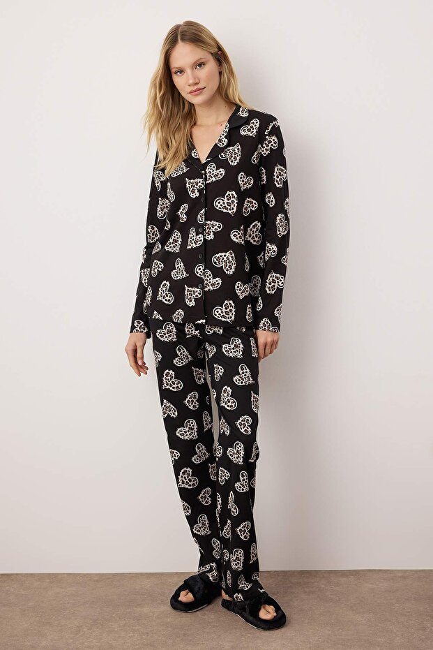 Siyah %100 Pamuklu Leopar Kalpli Örme Pijama Takımı THMAW25PT00142 - 1