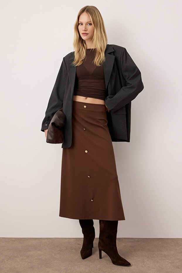 Brown a Line/A-Line Midi Skirt with Button Front Twoaw26Et00047 - 1