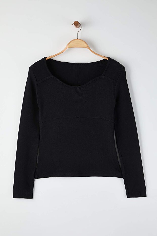 Siyah Kaşkorse Crop Örme Büyük Beden Bluz TBBAW26AF00057 - 6