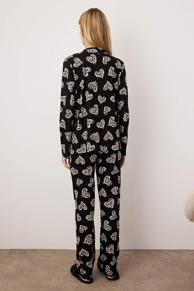 Siyah %100 Pamuklu Leopar Kalpli Örme Pijama Takımı THMAW25PT00142 - 4