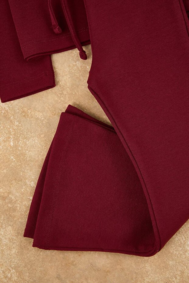 Bordo Düz/Basic Esnek Bisiklet Yaka Regular Örme Kız Çocuk Taytlı Alt - Üst Takım TKDAW26AU00010 - 3