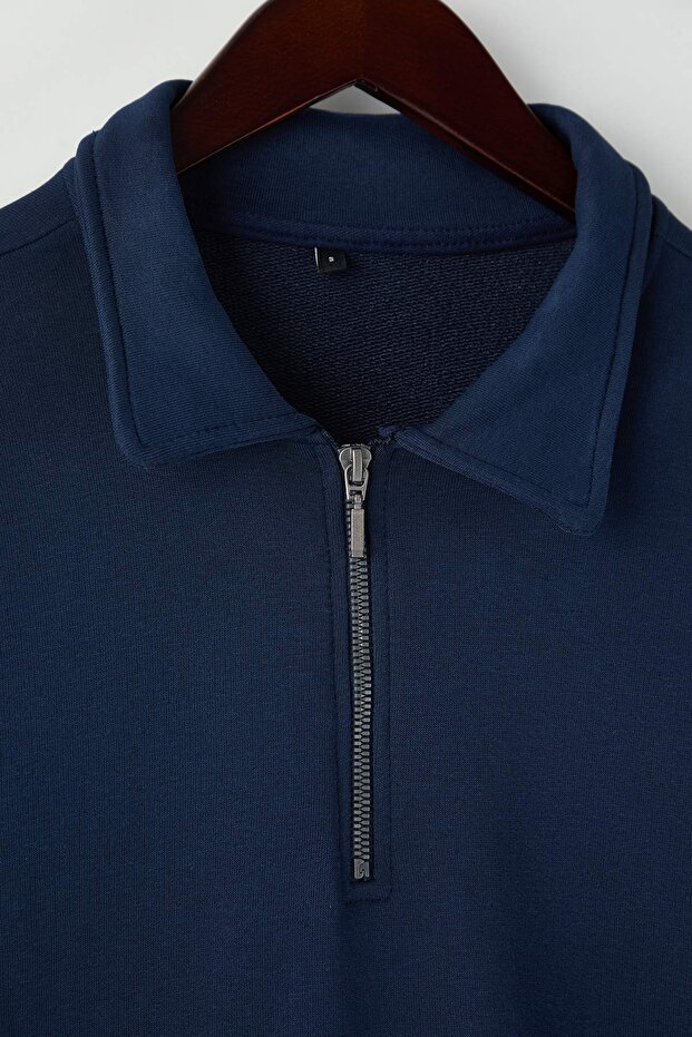 Lacivert Yeni Oversize/Geniş Kesim Fermuarlı Gömlek Yaka İçi Şardonsuz Sweatshirt TMNAW26SW00013 - 6