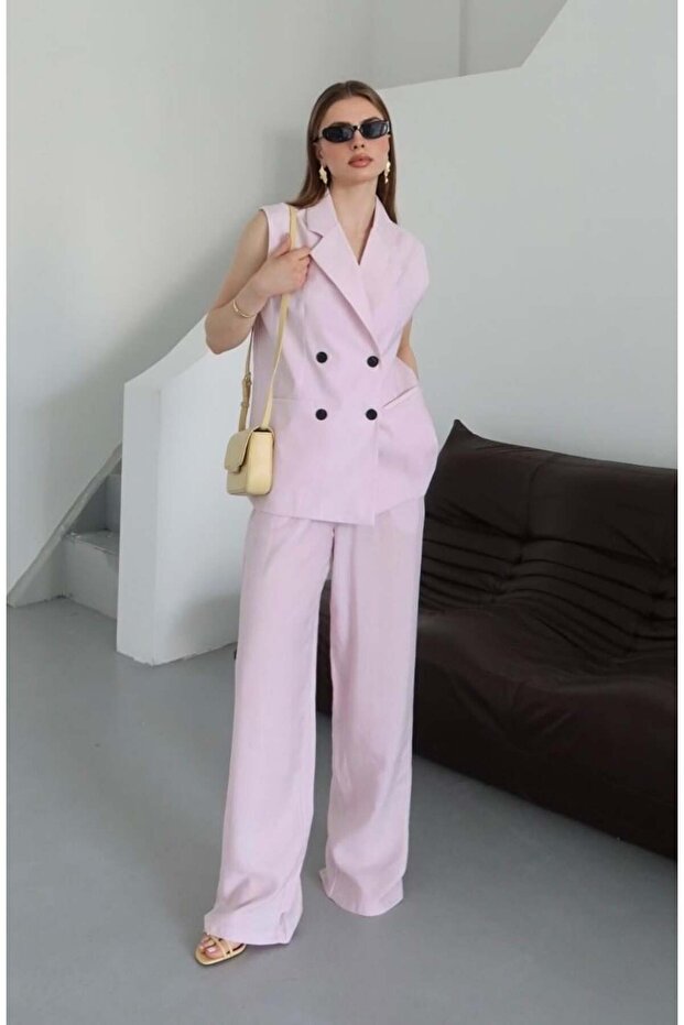 Pink Black Buttoned Vest Pants Set