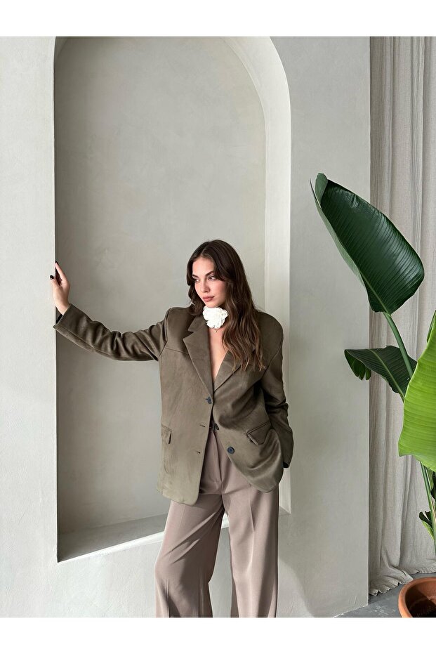 Khaki Latte Bone Buttoned Suede Jacket - 6