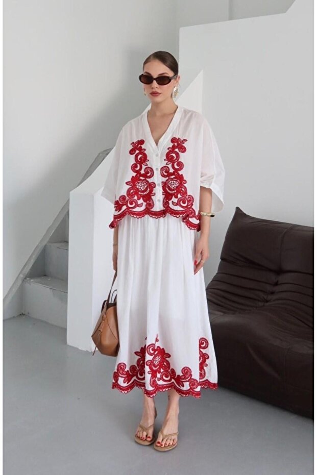 Burgundy Embroidered 100% Cotton Shirt Skirt Set