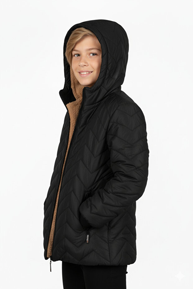 SİYAH ZİGZAGLI SU VE RÜZGAR GEÇİRMEZ İÇİ WERSOFTLU KAPÜŞONLU ERKEK ÇOCUK MONTU - 2