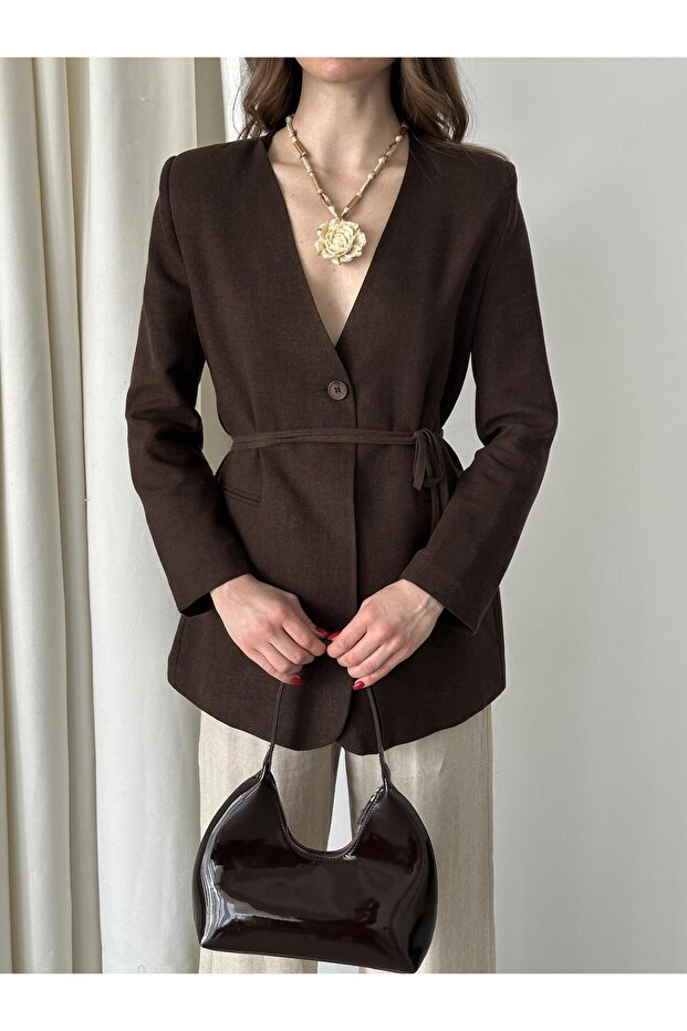 Brązowa kurtka z paskiem z 100% bawełny - 2