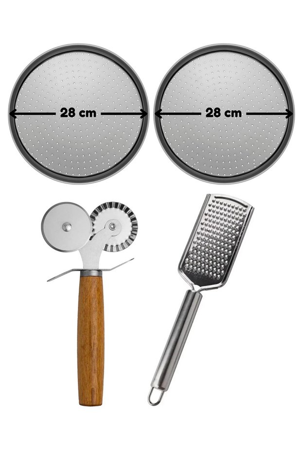 Small Size Perforated Pizza Tray 28 Cm X 2 Pieces, Double Headed Pizza Roulette and Steel Cheese Grater