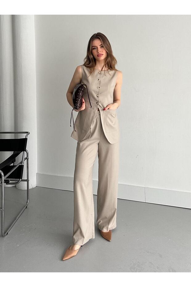 Stone Buttoned Vest and Pants Set