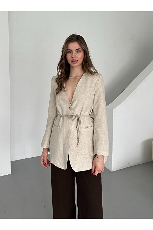 Beige 100% Cotton Rope Belted Jacket