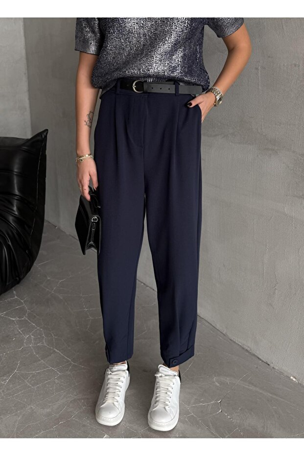 Navy Blue Ruby Buttoned Trousers