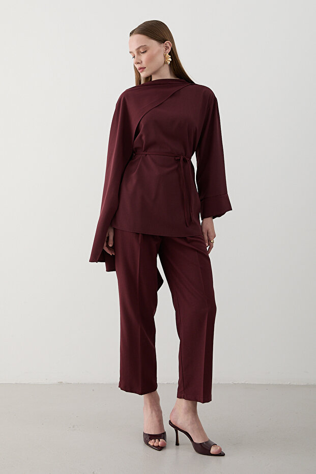 Burgundy Self-Tied Blouse and Pants Set - 8752