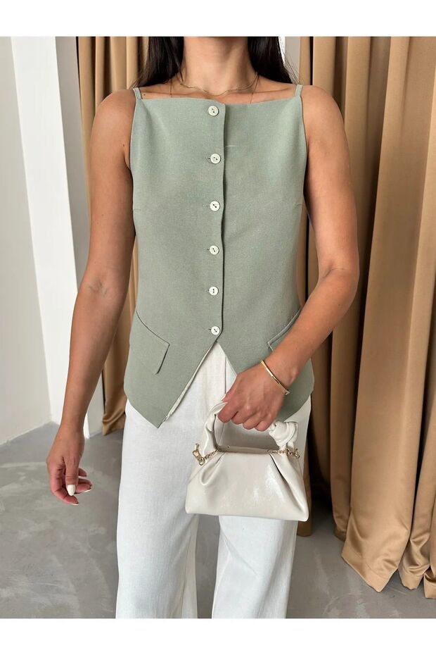 Çağla 100% Cotton Thin Strap Vest with Pocket and Button Detail - 7253