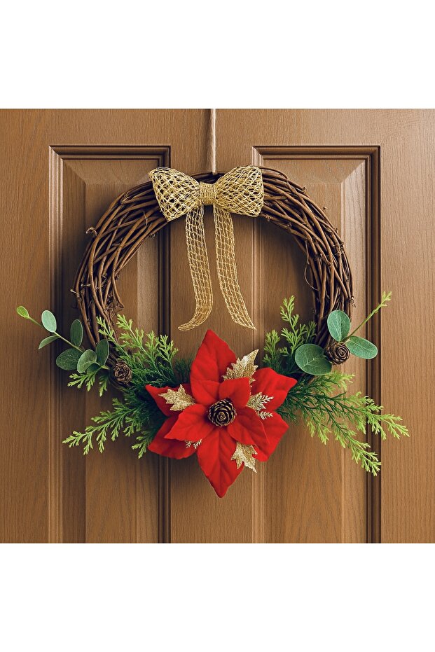 30cm Premium Asma Dalları ,Okaliptüs ve Ponsetya Çiçeği Detaylı Yılbaşı Kapı, Duvar Dekorasyon - 2
